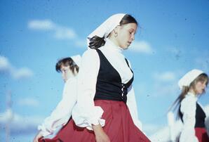 Young female Basque dancers dressed in traditional Basque clothing